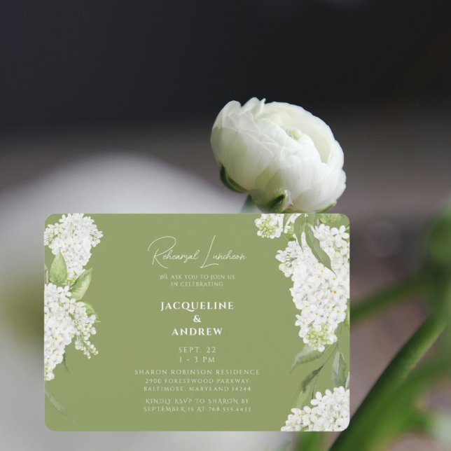 Moss Green White Hydrangeas Rehearsal Luncheon II Invitation (Creator Uploaded)