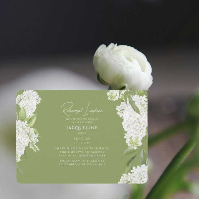 Moss Green White Hydrangeas Rehearsal Luncheon Invitation (Creator Uploaded)