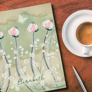 Moss Green & White Pastel Flowers Personalised Notebook