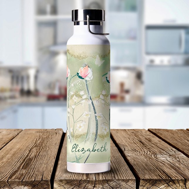 Moss Green & White Pastel Flowers Personalised  Water Bottle (Stay hydrated with our Moss Green & White Pastel Flowers Personalized Water Bottle.)