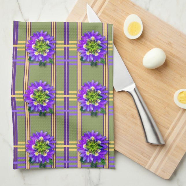Moss Green with Purple Flowers Kitchen Towels (Quarter Fold)