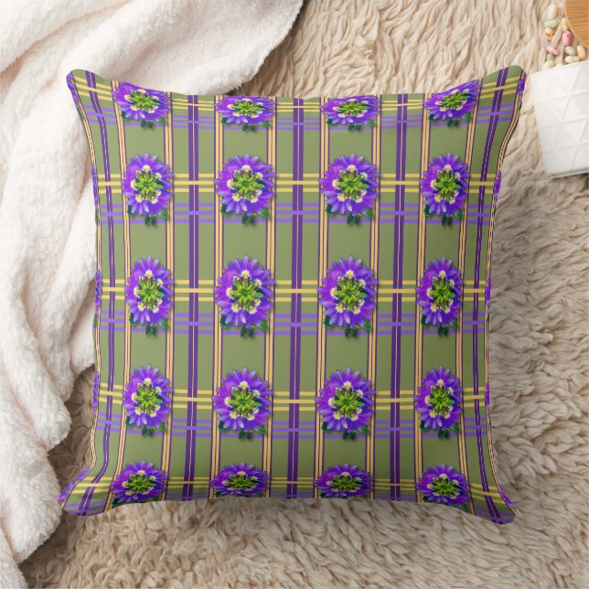Moss Green with Purple Flowers Throw Pillow (Blanket)
