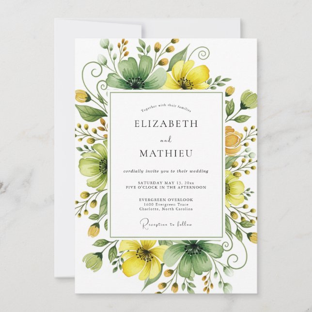 Moss Green Yellow Sublime Wildflower Wedding Invitation (Front)