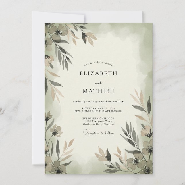 Moss Grey Leaf Wedding Invitation (Front)