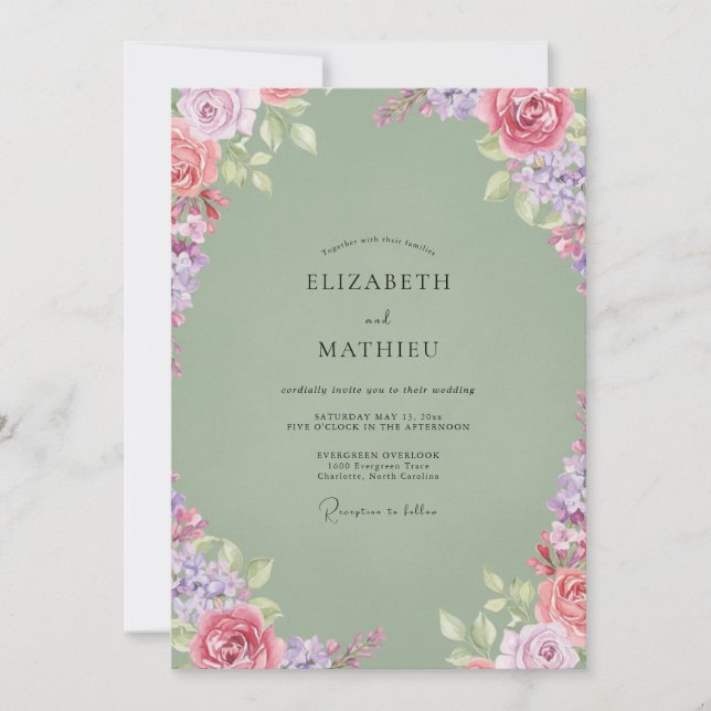 Moss Lilac Watercolor Wedding Invitation (Front)