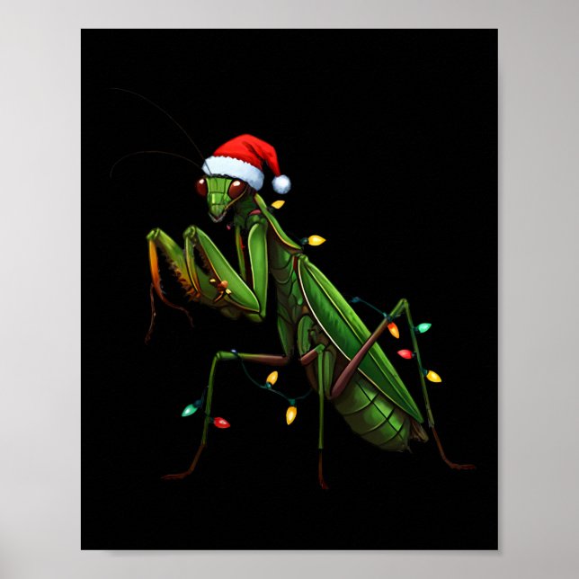 Moss Mantis Christmas Light Santa Hat Animal Insec Poster (Front)