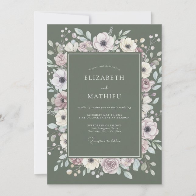 Moss Mauve Peony Wedding Invitation (Front)