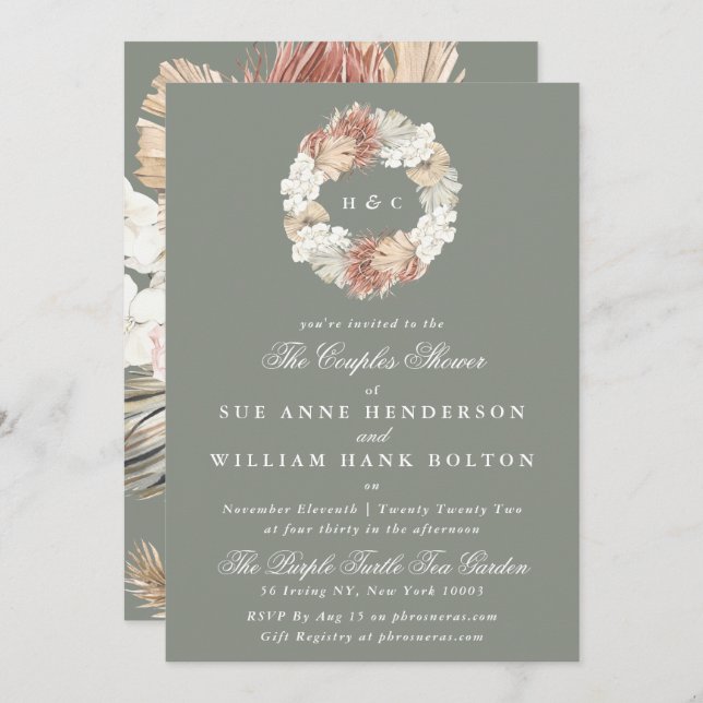 Moss Pampas Sage Monogram Wreath Couples Shower Invitation (Front/Back)