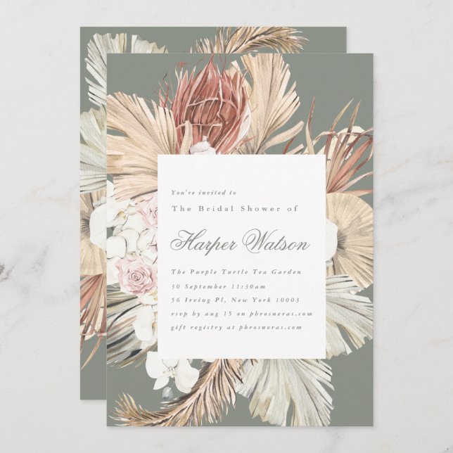 Moss Pampas Tropical Sage Romantic Bridal Shower Invitation (Front/Back)