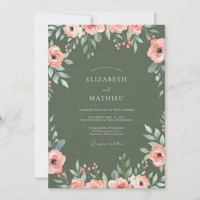 Moss Peach Ranunculus Wedding Invitation (Front)