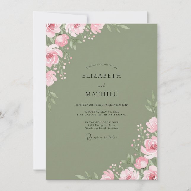 Moss Pink Soft Floral Wedding Invitation (Front)