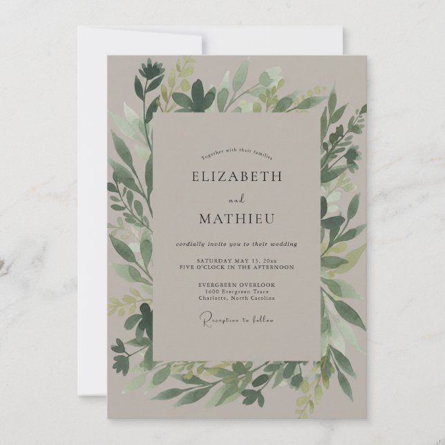 Moss Taupe Leafy Wedding Invitation (Front)