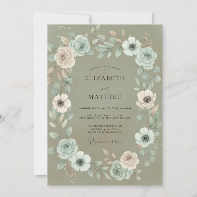 Moss Teal Leafy Wedding Invitation (Front)