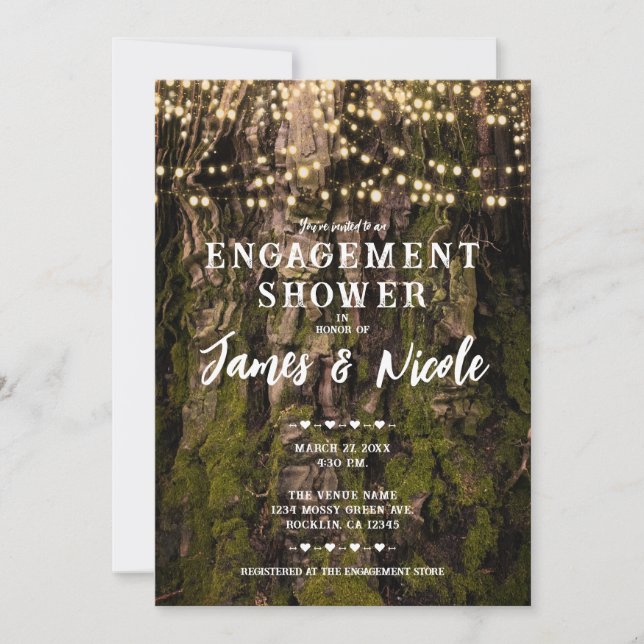 Mossy Tree Woodsy Forest Sparkle Lights Engagement Invitation (Front)