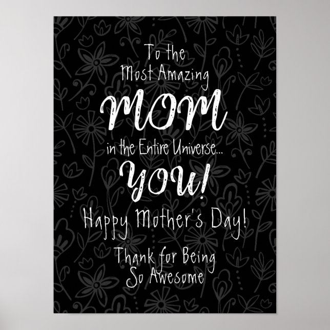 Most Amazing Mum Cute Calligraphy Black & White Poster (Front)