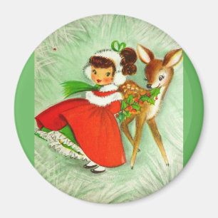 Most Beautiful Vintage Christmas Deer & Girl Magnet