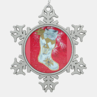 Most Beautiful Vintage Christmas Kitten Snowflake Pewter Christmas Ornament