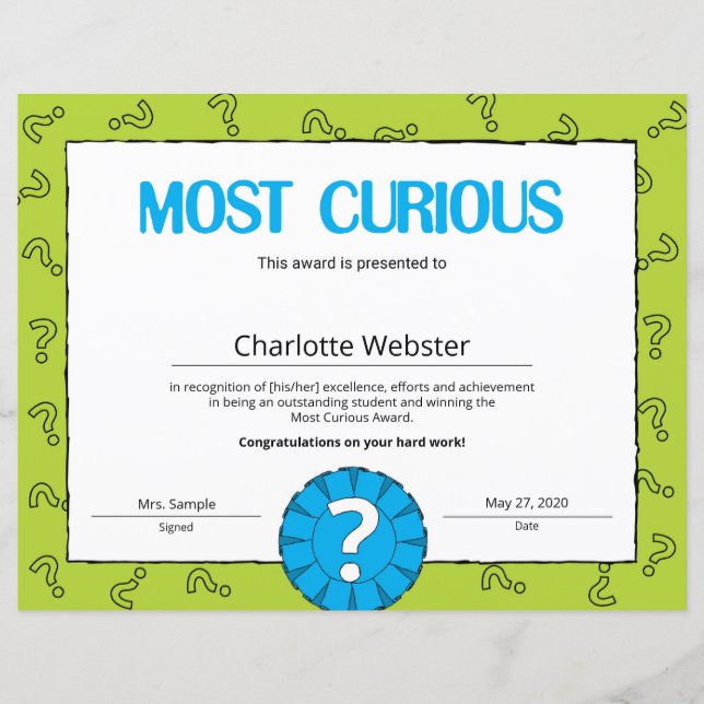 Most Curious Certificate of Achievement PDF (Front)