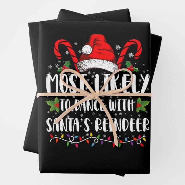 Most Likely To Dance With Santa’s Reindeer Family Wrapping Paper Sheet (In situ)
