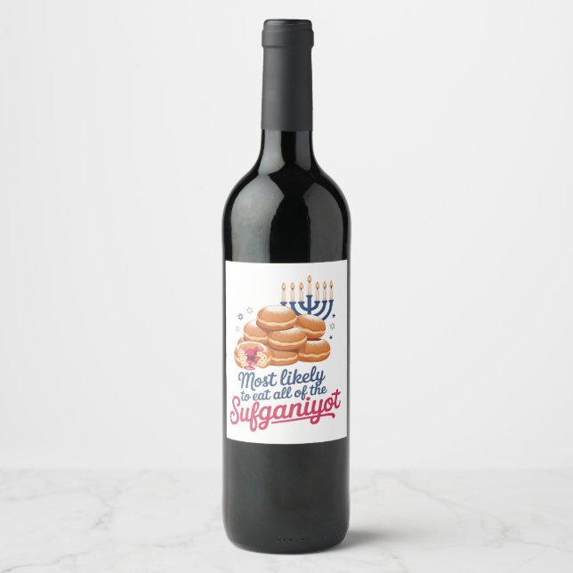 Most Likely to Eat All the Sufganiyot Hanukkah Jew Wine Label (Front)