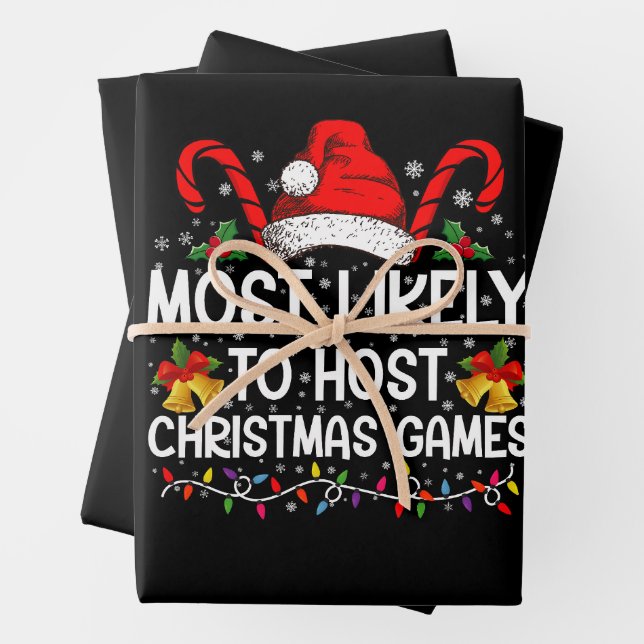 Most Likely To Host Christmas Games Family Wrapping Paper Sheet (In situ)