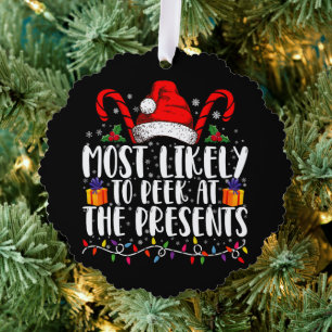 Most Likely To Peek At The Presents Family Xmas Tree Decoration Card
