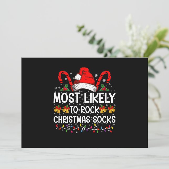 Most Likely To Rock Christmas Socks Funny Xmas Invitation (Standing Front)