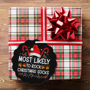 Most Likely To Rock Christmas Socks Funny Xmas Tree Decoration Card