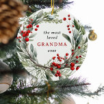 Most Loved Grandma Ever Festive Wreath Christmas  Ceramic Tree Decoration<br><div class="desc">Let Grandma know how much she is loved this holiday season with this beautiful watercolor botanical festive wreath adorned with winter foliage and red berries Christmas Ornament. The text reads - the most loved GRANDA ever with the option to add names of grandchildren on the reverse. Cute gift for grandma...</div>