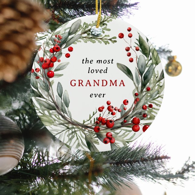 Most Loved Grandma Ever Festive Wreath Christmas  Ceramic Tree Decoration (Creator Uploaded)