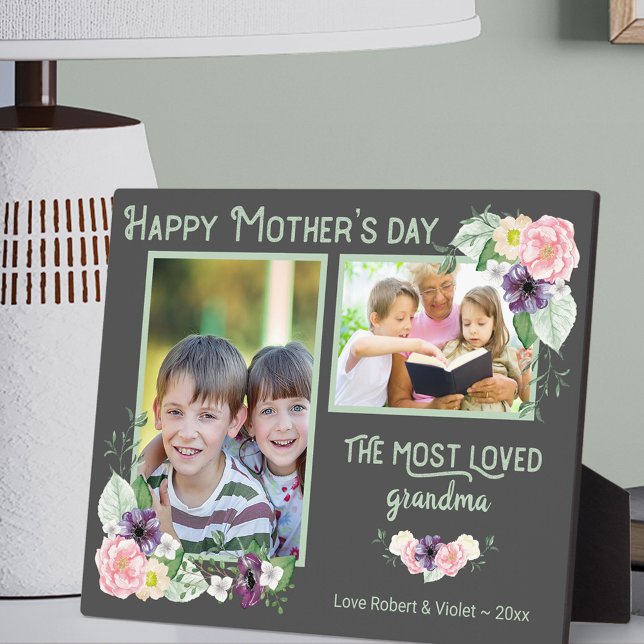Most Loved Grandma - Floral Grey & Green Photo Plaque (Creator Uploaded)