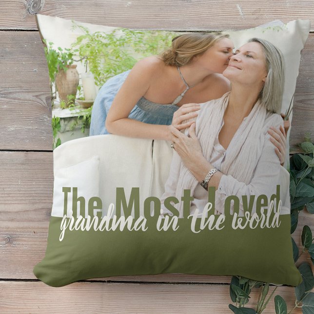 Most Loved Grandma in the World 2 Photo Green Cushion (Creator Uploaded)