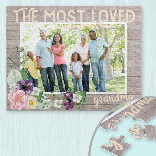Most Loved Grandma - Rustic Watercolor Flowers Jigsaw Puzzle