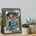 Most Loved Great Grandma Rustic Wood and Floral Plaque<br><div class="desc">Beautiful photo gift for your great grandmother. The template is set up ready for you to add your own photo and you can also edit "great grandma" to your preferred title (ie., great grammie, gee-gee etc), if you wish. This watercolor floral design features a rustic dark barn wood look background...</div>