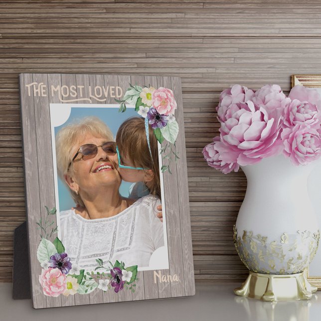 Most Loved Nana - Rustic Watercolor Floral Photo Plaque (Creator Uploaded)