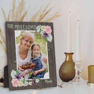 Most Loved Nana - Rustic Wood Floral Photo Plaque