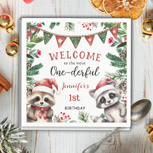 Most ONEderful Racoon Christmas 1st Birthday Napkin