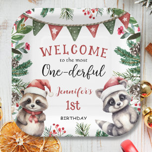 Most ONEderful   Racoon Christmas 1st Birthday Paper Plate