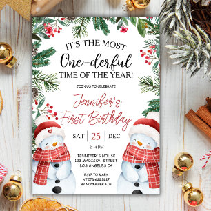 Most ONEderful   Snowman Christmas 1st Birthday Invitation