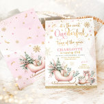 Most ONEderful Time of the Year Winter Birthday Invitation<br><div class="desc">Celebrate the magic of your little one's first year and the enchantment of the festive season with our uniquely designed 1st birthday invitation! The magical design features tender pink Christmas sleigh, adorned with a sage green Christmas tree and beautifully wrapped presents. This picturesque scene captures the innocence and wonder of...</div>