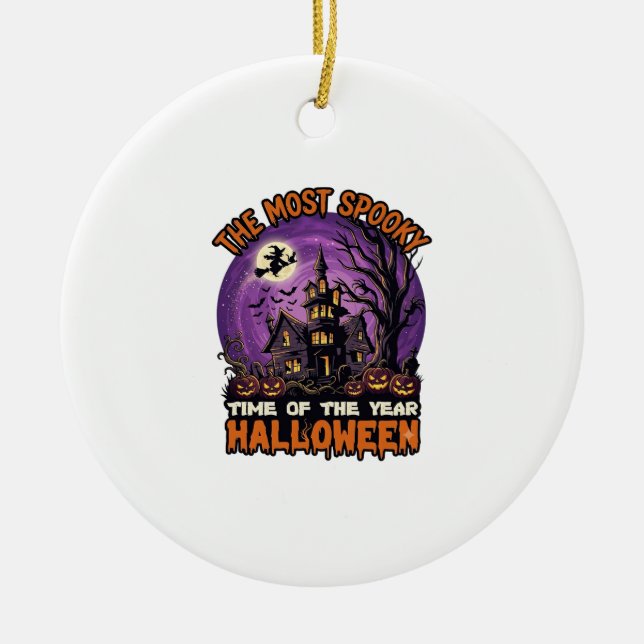 Most Spooky Halloween Haunted House Witch Pumpkins Ceramic Tree Decoration (Front)