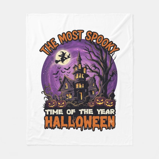 Most Spooky Halloween Haunted House Witch Pumpkins Fleece Blanket (Front)