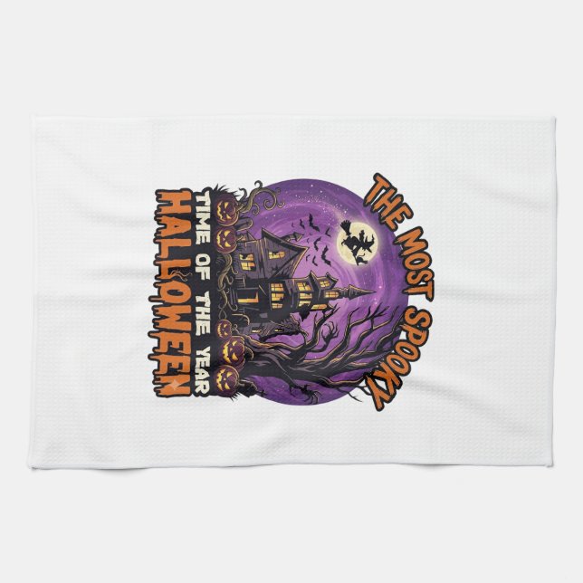 Most Spooky Halloween Haunted House Witch Pumpkins Tea Towel (Horizontal)