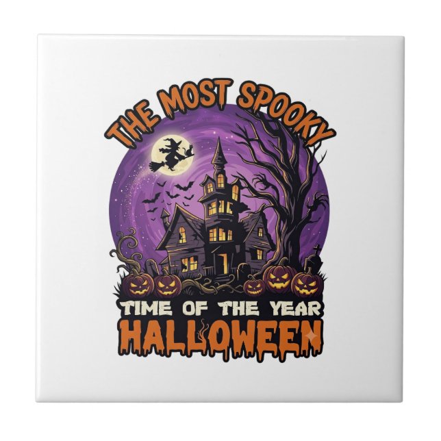 Most Spooky Halloween Haunted House Witch Pumpkins Tile (Front)