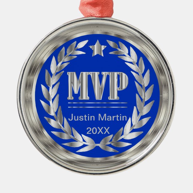Most Valuable Player Silver and Blue Medal Award Metal Tree Decoration (Front)