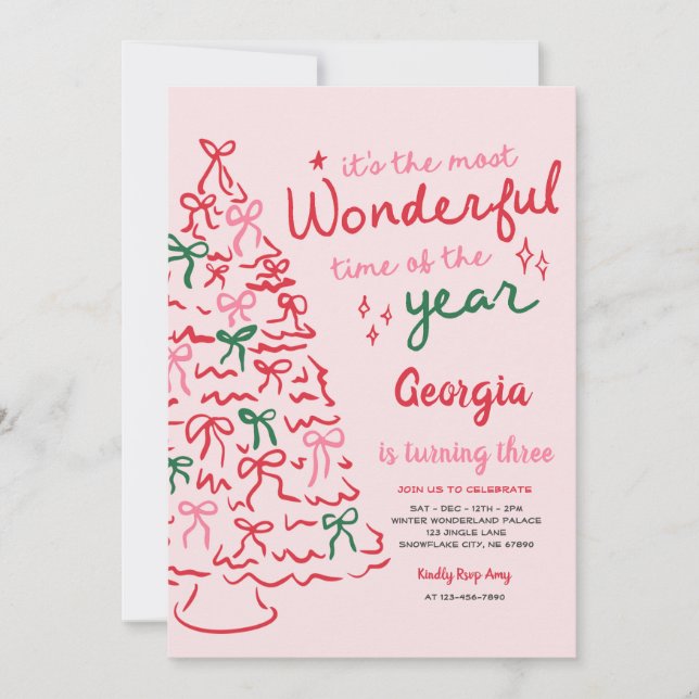 Most Wonderful Coquette Bow Christmas Birthday Invitation (Front)