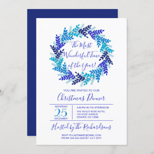 Most Wonderful Time Blue Wreath Christmas Party Invitation