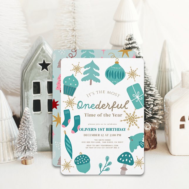 Most Wonderful Time Christmas Green 1st Birthday Invitation (Creator Uploaded)
