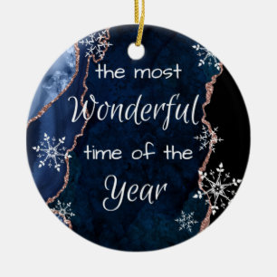 Most Wonderful Time Elegant Blue Gold Glitter Ceramic Tree Decoration