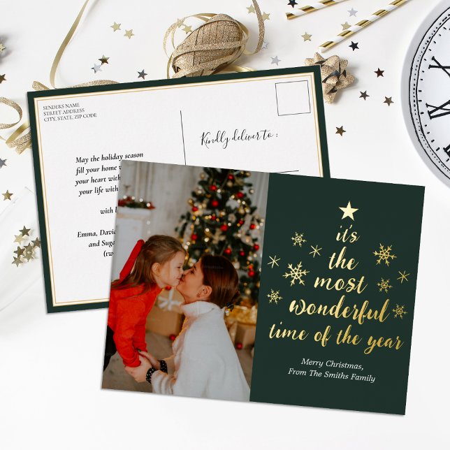 Most Wonderful Time of The Year Green Gold Photo Foil Holiday Postcard (Creator Uploaded)